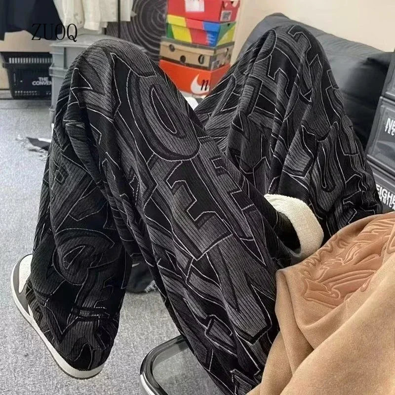 American Casual Pants Men Loose High Street Corduroy Letter Printed Wide Leg Solid Color Spring and Autumn Sports Pants Male