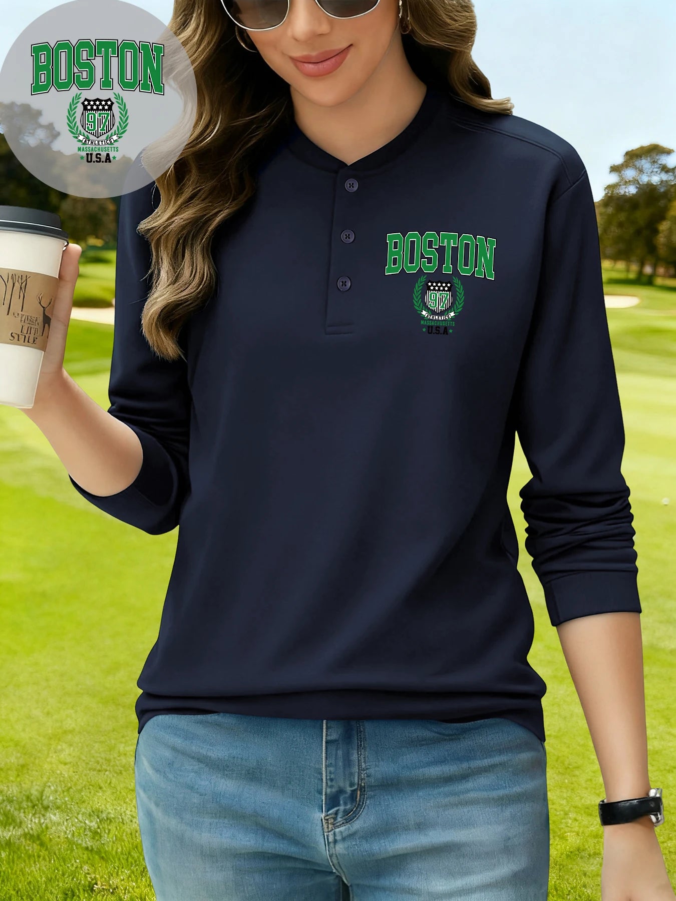 قميص هينلي مطبوع عليه شعار فريق بوسطن 97 للسيدات من يو إس إيه، برقبة هنري، ملابس الشارع العصرية من القطن بأكمام طويلة، تي شيرتات جولف أساسية لفصل الخريف من الهيب هوب