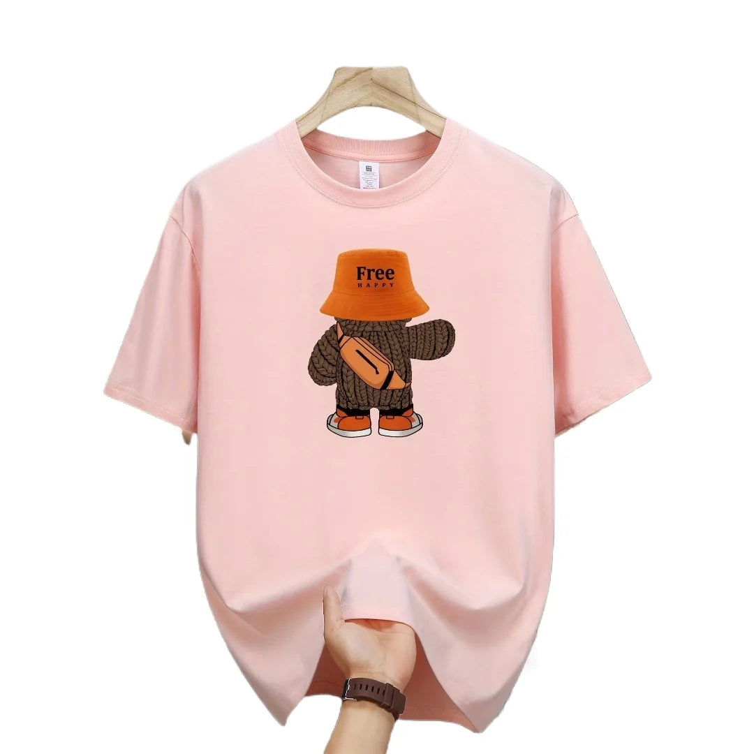 Summer men's  sports casual loose fit plus cartoon pattern printed comfortable round neck short sleeved T-shirt
