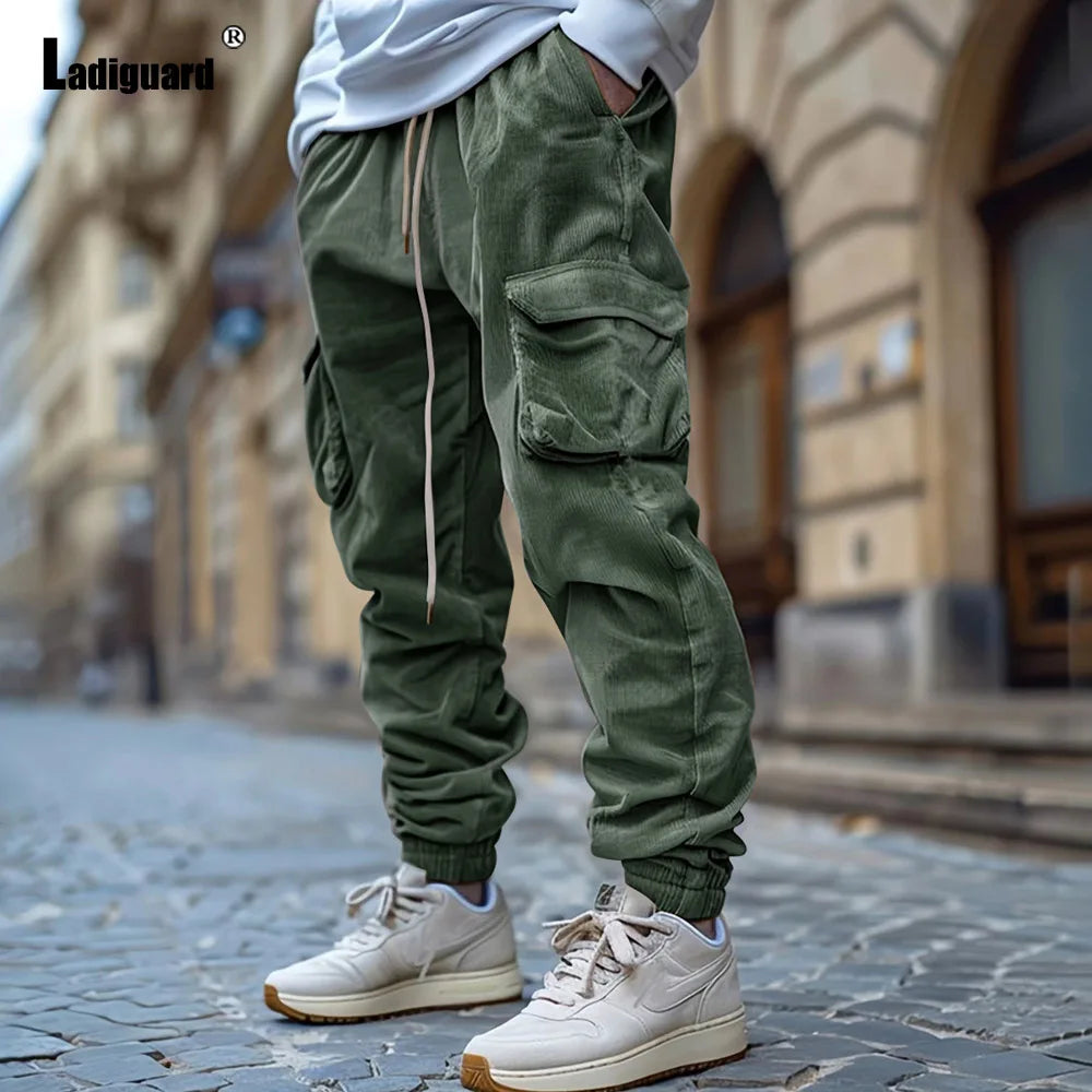 Men's Stand Pocket Corduroy Cargo Pants 2024 Autumn Basic Full-Length Trouser Plus Size Mens Casual Drawstring Sweatpants New