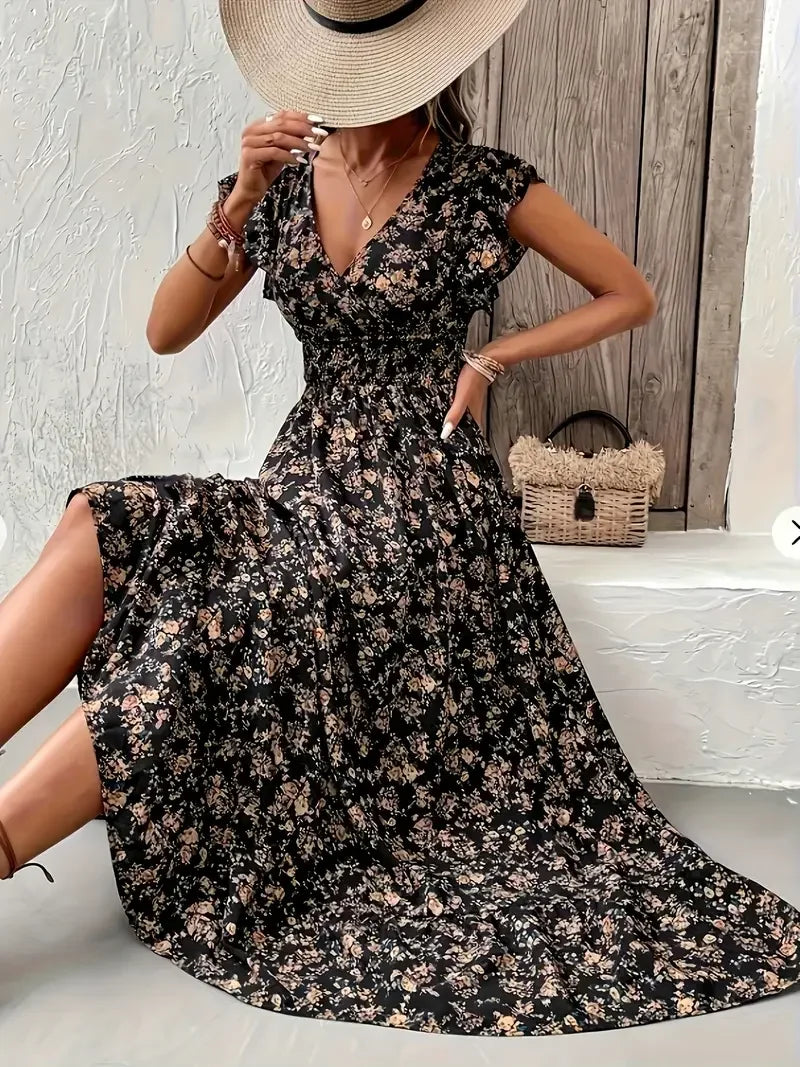 Plus Size 1XL-5XL Women's Fashion Summer Floral Print V-Neck Ruffle Hem Dress Ladies Short Sleeve Elegant Flare Dress Long Dress