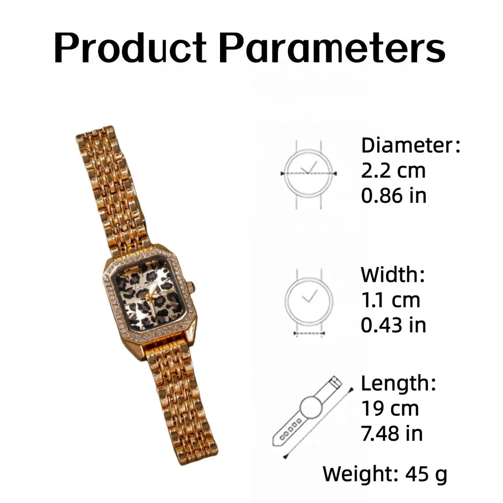 ساعة نسائية أنيقة، مينا بنقشة جلد النمر، إطار مرصع بأحجار الراين، سوار من سبائك الزنك، ساعة زينة للحفلات والسهرات