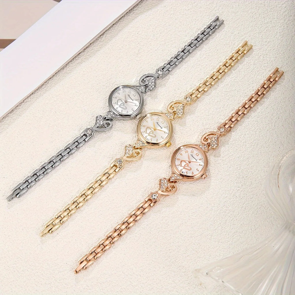 ساعة يد نسائية أنيقة من الكوارتز، مزينة بسوار مرصع بأحجار الراين على شكل قلوب (بدون علبة)