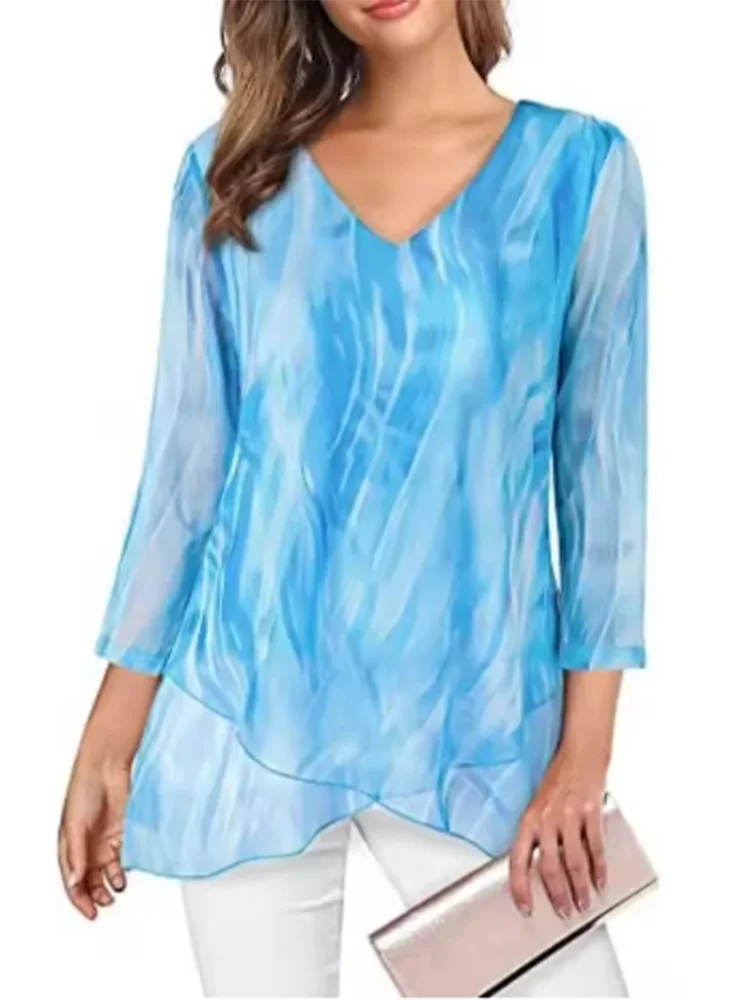 تيشيرت نسائي كاجوال بأكمام طويلة مطبوعة وياقة على شكل حرف V، بتصميم أنيق ومتعدد الاستخدامات، مناسب للارتداء اليومي والتنقلات اليومية، قطعة علوية ربيعية