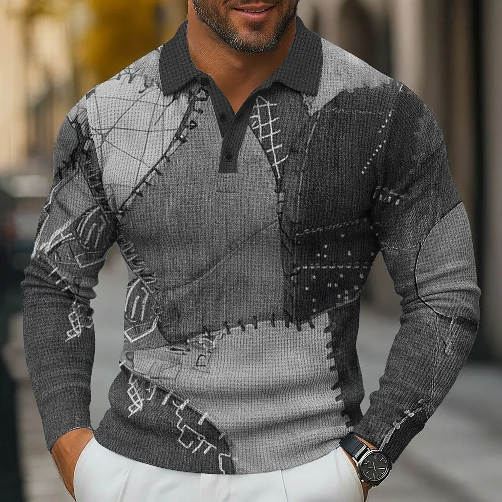 قميص بولو رجالي بألوان هندسية متداخلة، بأكمام طويلة وياقة، مناسب للارتداء اليومي والعمل، مزين بأزرار مطبوعة ثلاثية الأبعاد، مناسب لفصلي الخريف والشتاء.