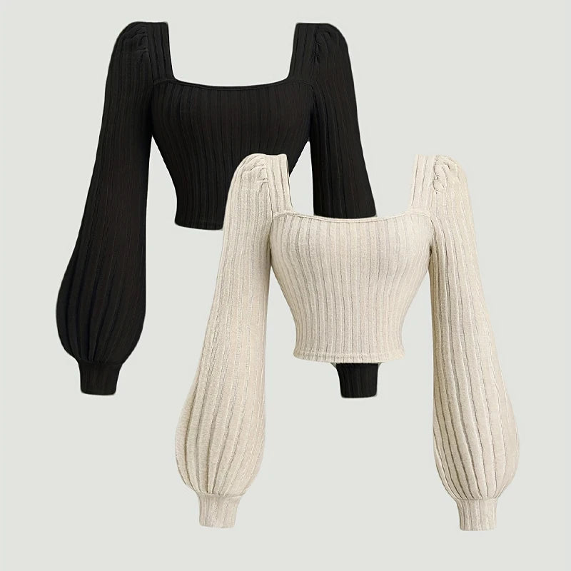 طقم مكون من قطعتين من سترة نسائية برقبة مربعة لفصل الخريف والشتاء، مع بلوزة قصيرة بأكمام طويلة وقبة دائرية أنيقة من نسيج مضلع، بلوفر أنيق للارتداء في الشارع