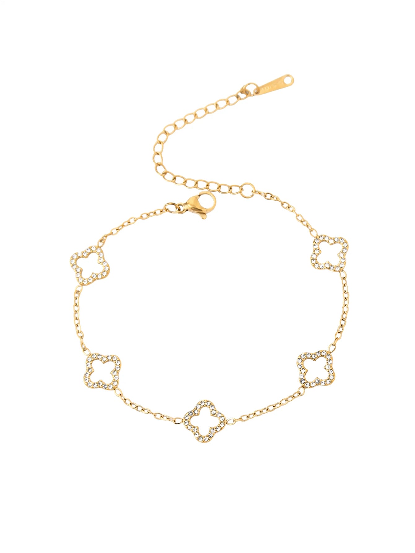 سوار أنيق من الفولاذ المقاوم للصدأ مع زهرة البرسيم الرباعية الماسية، خصر صغير، سوار مجوف من زهرة البرسيم الرباعية للنساء