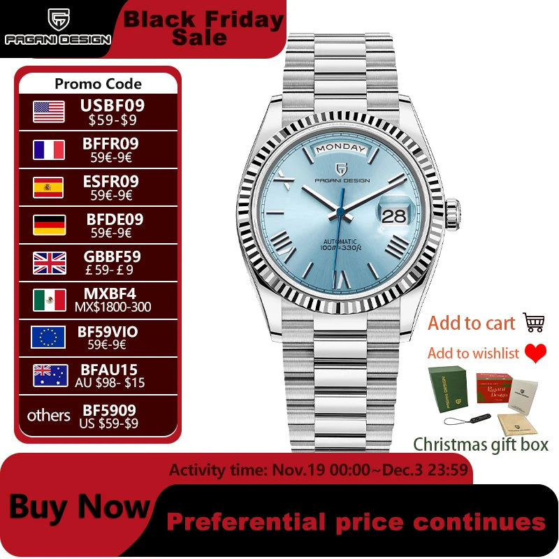 ساعات رجالية PAGANI DESIGN 2025 الجديدة DD36 من أفضل العلامات التجارية الفاخرة الميكانيكية الأوتوماتيكية للرجال ساعة يد AR Sapphire للرجال 10Bar ST16