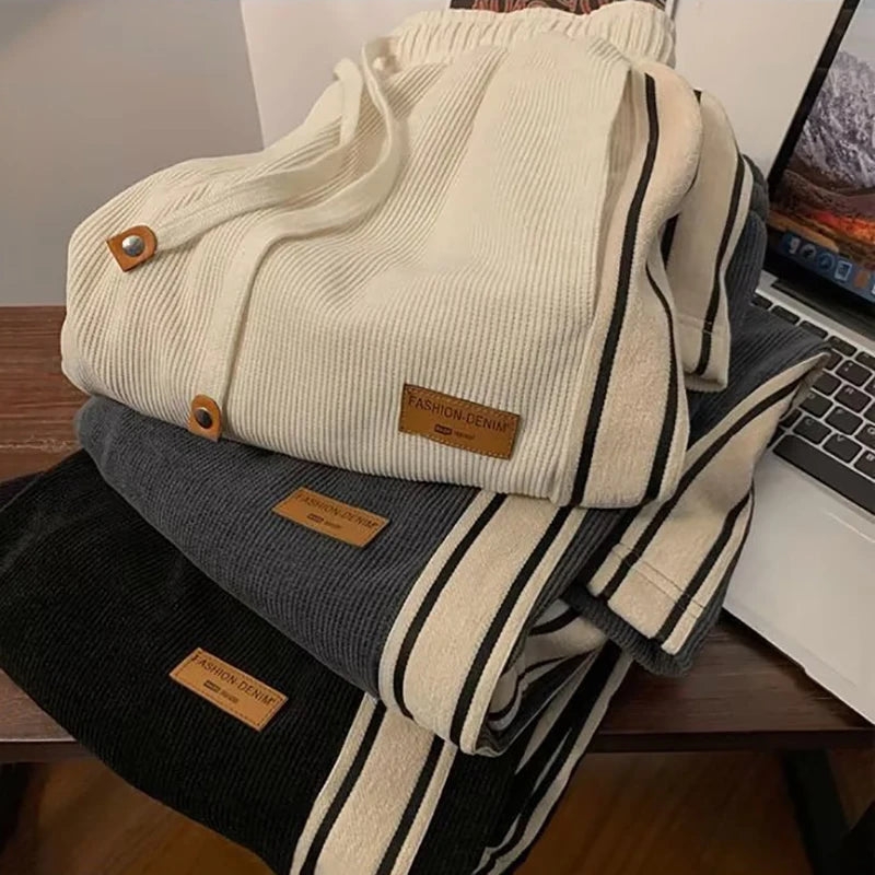 Corduroy Men Casual Sweatpants Straight Thick Wide Leg Pants Autumn Winter Streetwear Outdoor Sports Work Joggers Trousers Male