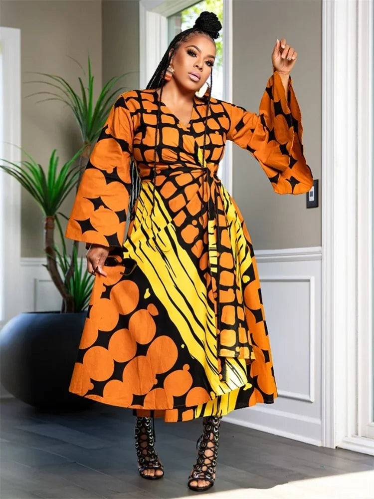Plus Size Dresses for Women V Neck Elegant Lady Print Loose Sexy Flared  Long Sleeve Fall Maxi Dress Wholesale Dropshipping 2024