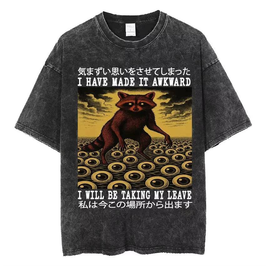 تي شيرتات Vintage Washed The Harbinger of Awkward Situations تي شيرت Weirdcore Japanese Funny Graphic تي شيرت رجالي Harajuku