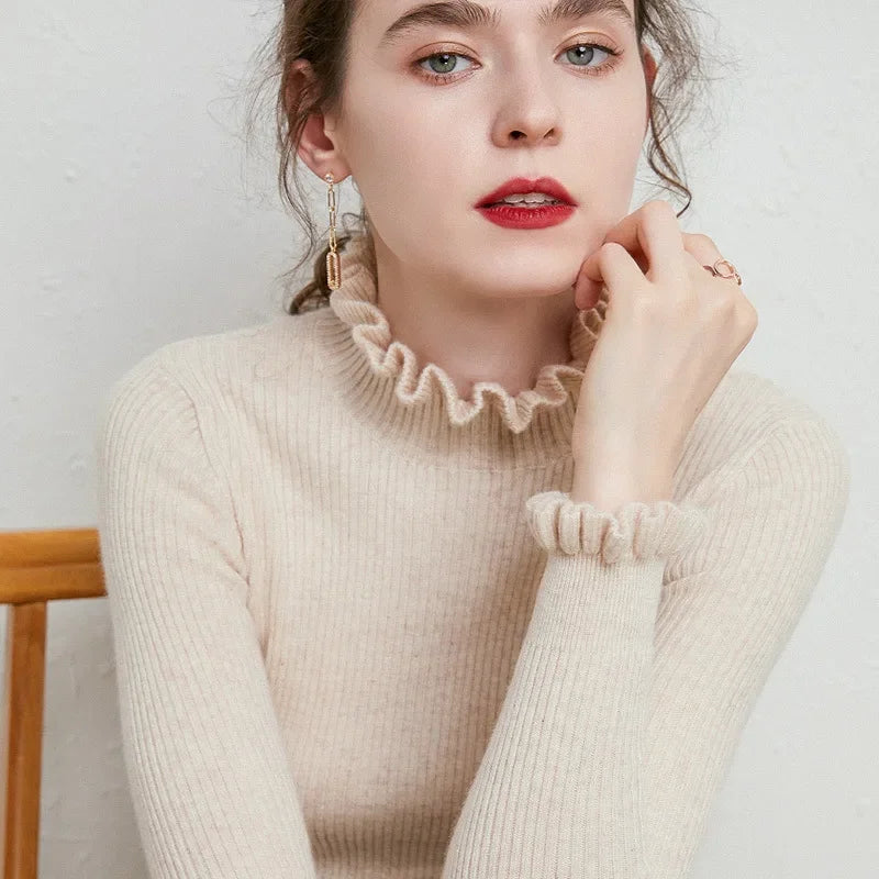 Autumn Winter Women's Knitted Sweater Floral Collar Inner Wear Tided Base Shirt Underwear Sweater Coat Top Pure Color Full Sleev