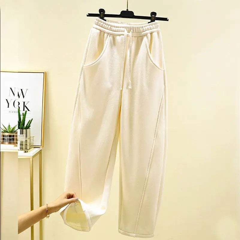 Autumn Winter New Fashion Elastic Waist Drawstring Solid Corduroy Women's Clothing Pockets Loose Casual Trend Y2K Straight Pants