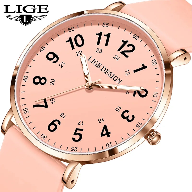 ساعة يد نسائية جديدة من LIGE، ساعة كوارتز فائقة النحافة، مقاومة للماء، مصنوعة من السيليكون المضيء، ساعة وردية اللون