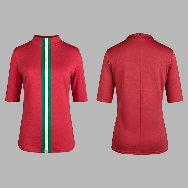 تي شيرتات نسائية مخططة ضيقة باللون الأحمر، ربيع 2025، جديد، نصف كم، رقبة دائرية، ملابس نسائية مريحة بألوان متباينة، ملابس مكتبية