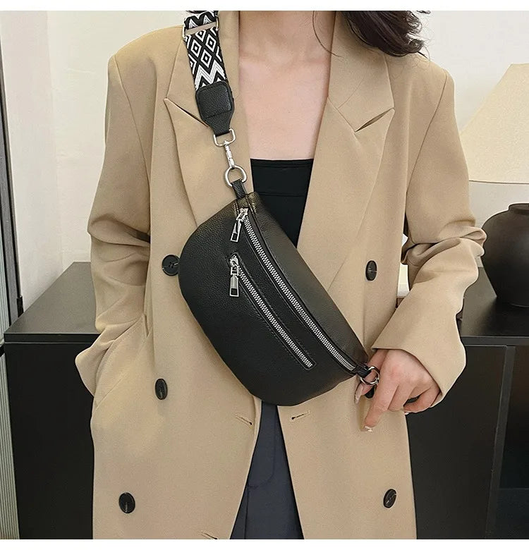 Women's Waist Bag Multi-pocket Street Fanny Pack PU Leather Chest Bag Fashion Wide Strap Crossbody Bag Retro Solid Shoulder Bags