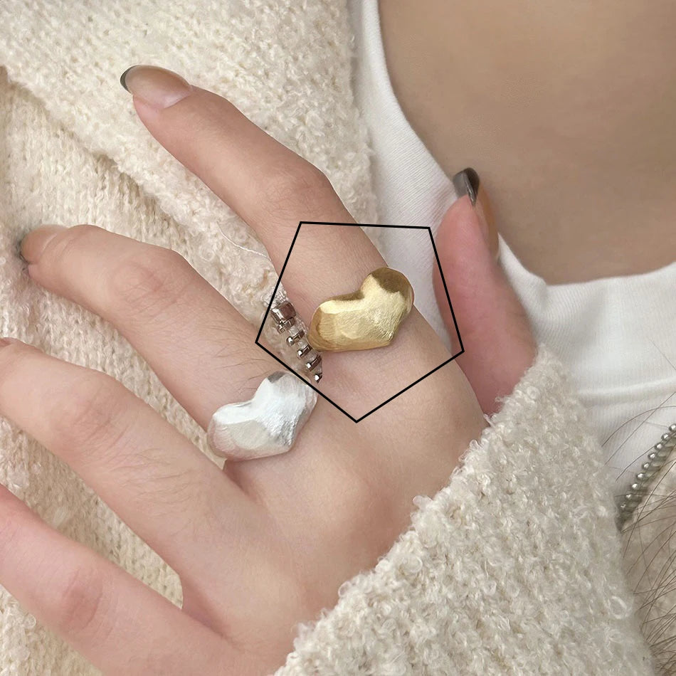 خاتم مفتوح من الفضة الإسترليني عيار 925 بتصميم بانك على شكل قلب، بتصميم هندسي غير منتظم، قابل للتكديس، هدية مجوهرات للنساء والفتيات، خدمة توصيل مباشرة بالجملة