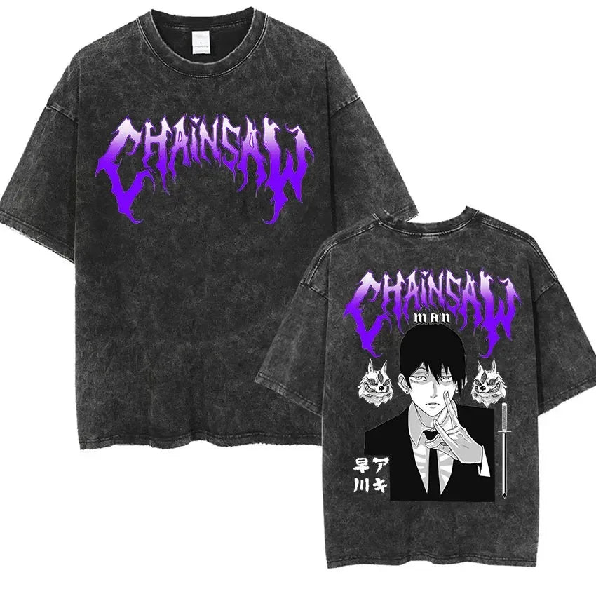 تي شيرت مطبوع عليه Power Print T-shirt Chainsaw Man Reze Arc Anime Men Women بأكمام قصيرة من القطن بتصميم عتيق مغسول ومقاس كبير من Harajuku كاجوال