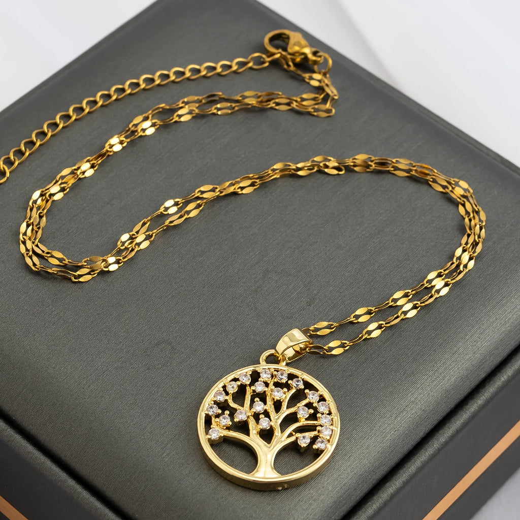 Temperamental Luxury Rhinestone Tree of Life Pendant Necklace Women Vintage Stainless Steel Waterproof Chain Aesthetic Jewelry