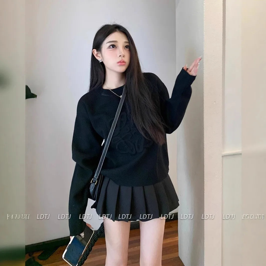 Ladies Casual Knitted 3D Embossed Hoodie Sweater Comfortable Midweight Long Sleeve round Neck Cotton Leisure Style