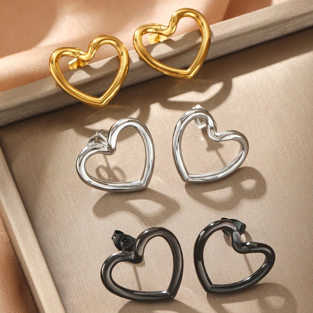 Stainless Steel Earrings Simple Fashion Three Colors Available Cutout Heart Design Earrings For Women Jewelry  Anniversary Gift