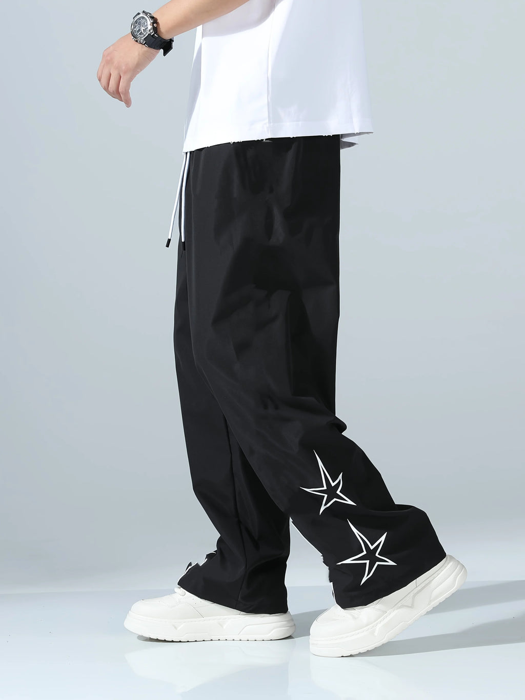 Men's Casual and Fashionable Sports Pants with White Star Shaped Design, Loose Outdoor Spring and Autumn Sports Pants