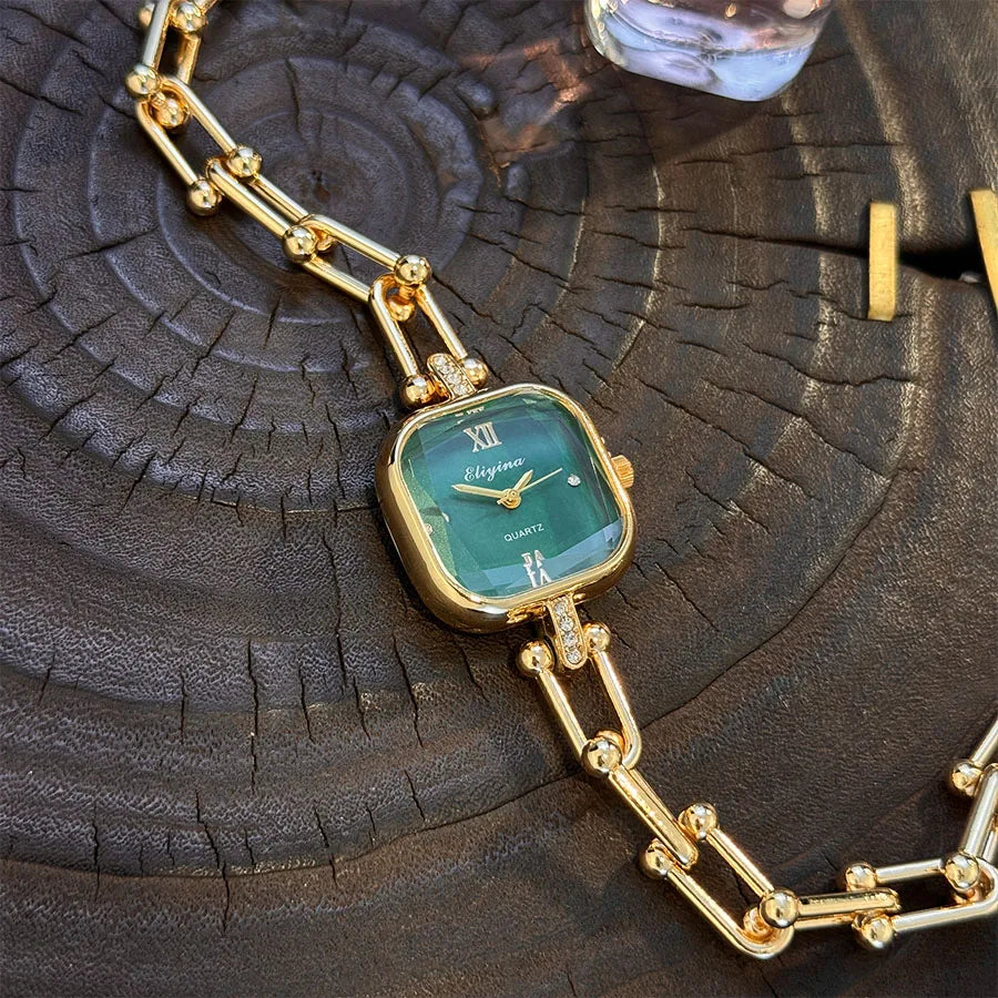 ساعة يد فاخرة بتصميم بسيط، مربعة الشكل، متعددة الأوجه، مصنوعة من الزجاج، تعمل بحركة كوارتز، سلسلة، تصميم منتصف القرن، صغيرة الحجم، إكسسوارات راقية