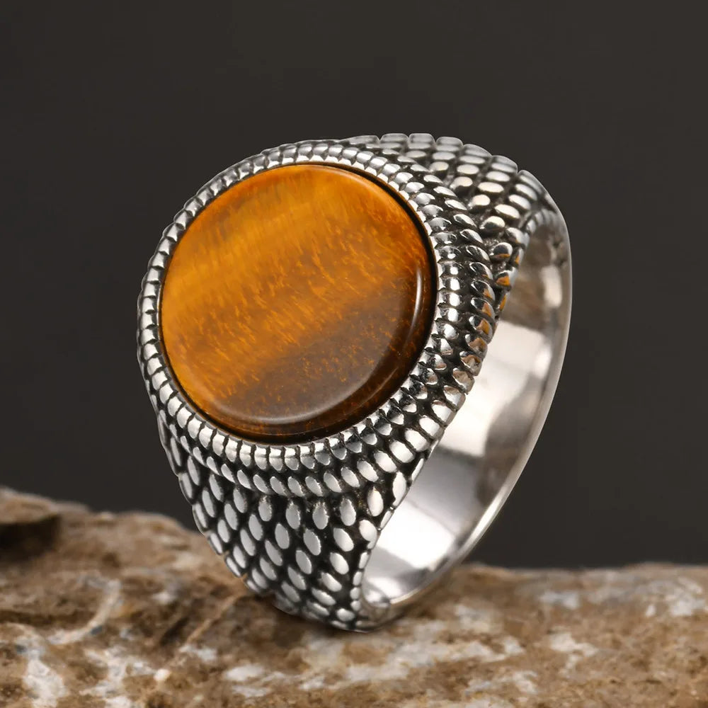 خاتم فينوكس ذو ملمس حراشف التنين للرجال، خاتم إصبع علوي مرصع بحجر عين النمر المستدير، خاتم ختم من الفولاذ المقاوم للصدأ مرصع بحجر كريم أسود