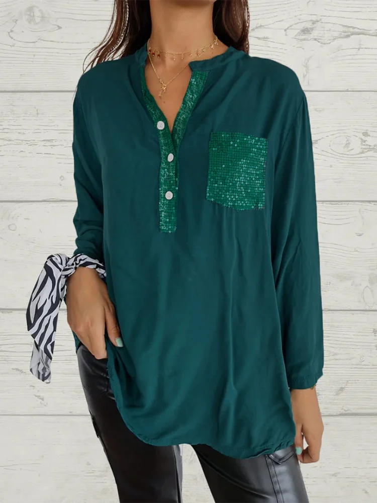قميص خريفي لامع بأزرار وجيب للمكتب للنساء، بلوزة بأكمام طويلة ورقبة على شكل حرف V، ملابس علوية غير رسمية لكل يوم
