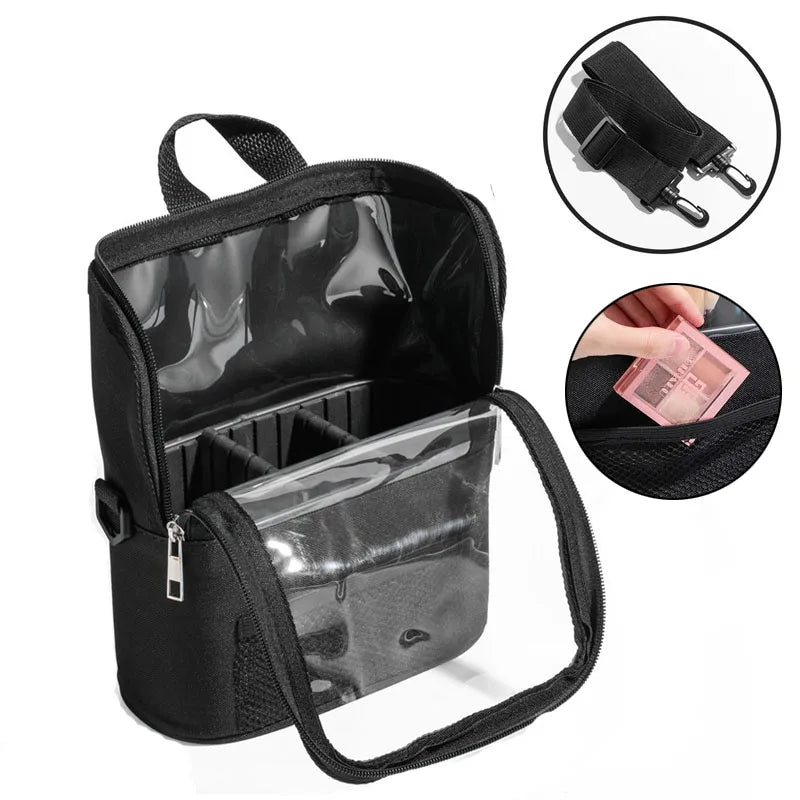 حامل فرش المكياج الشفاف مع غطاء وحقيبة تخزين فرش المكياج ذات السعة الكبيرة وحقائب فناني المكياج مع حزام وفواصل