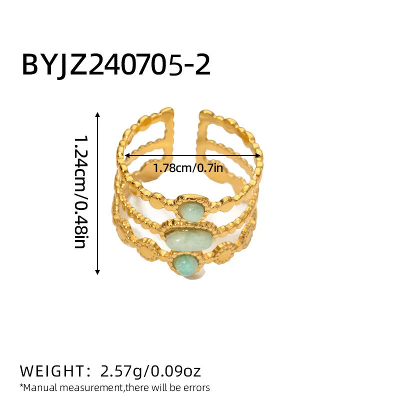 خاتم أنيق من الفولاذ المقاوم للصدأ مرصع بحجر الفيروز الأخضر الطبيعي والمالاكيت، قطعة مجوهرات صيفية كبيرة بتصميم بوهيمي للنساء