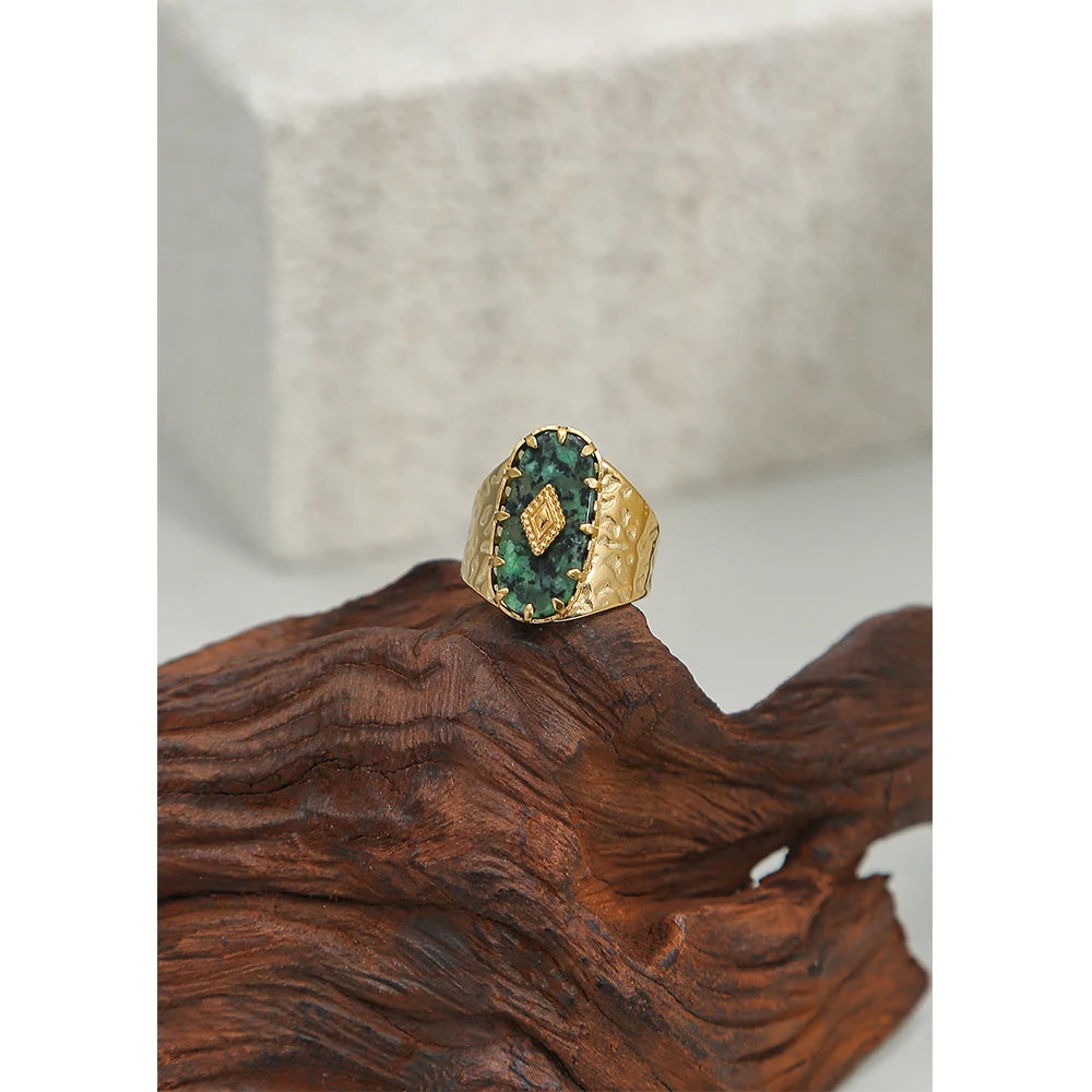 خواتم ياشان العريضة من الفولاذ المقاوم للصدأ للنساء، مطلية بالذهب عيار 18 قيراطًا، ذات ملمس معدني أنيق، مرصعة بحجر طبيعي، خاتم عصري، هدية مجوهرات