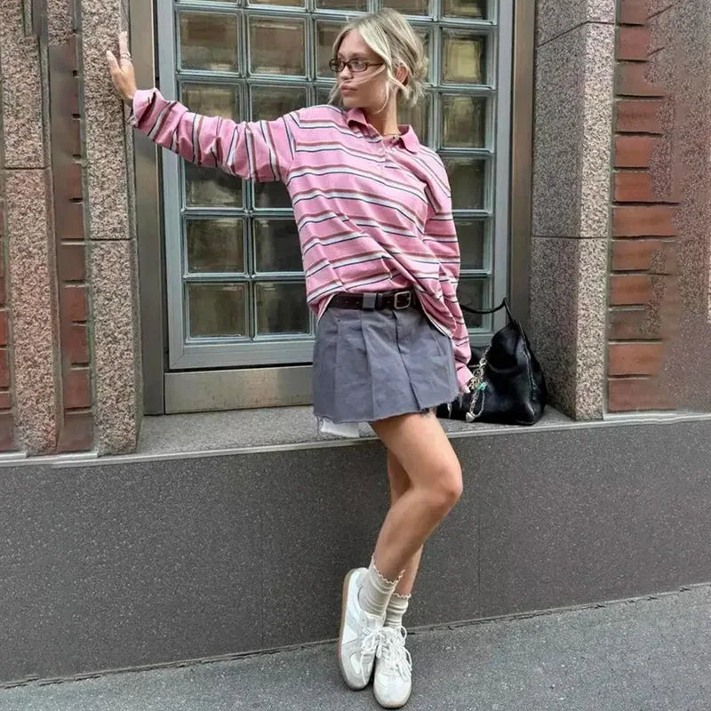 تيشيرت تورنوفا كاجوال بأكمام طويلة مخططة، بياقة بولو، فضفاض، بلوزة نسائية، تصميم عصري بطبعة كلاسيكية، تيشيرت نسائي جديد لفصل الخريف