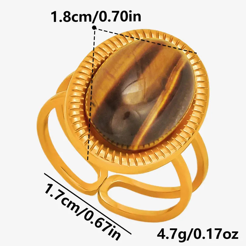 خاتم من حجر عين النمر الحقيقي على شكل قلب الشمس من الفولاذ المقاوم للصدأ، خواتم مفتوحة للنساء والرجال، إكسسوارات مجوهرات عتيقة مطلية بالذهب الحقيقي
