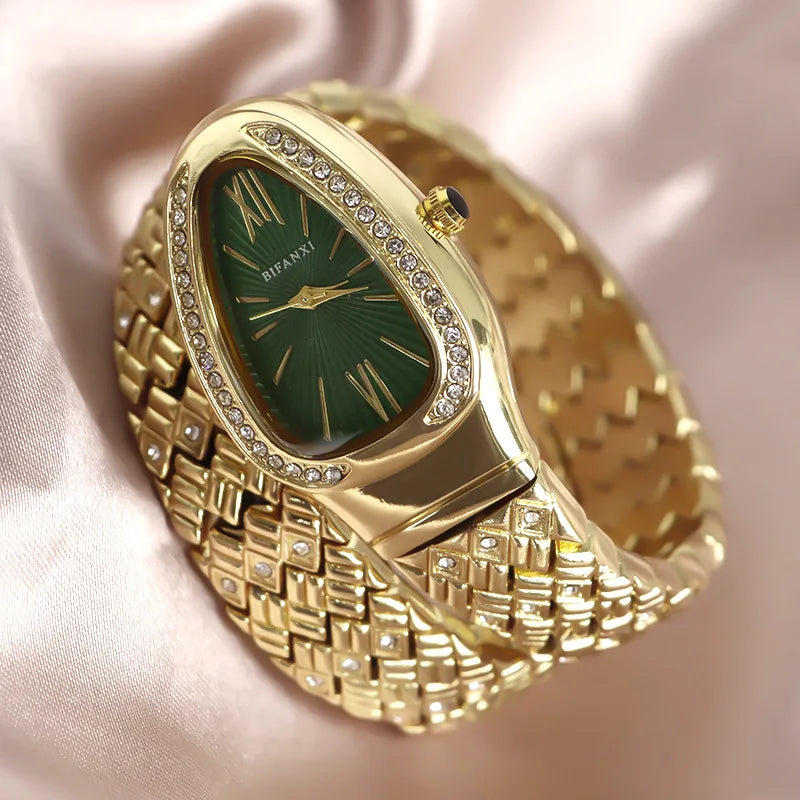 ساعة كوارتز نسائية على شكل ثعبان مرصعة بالألماس مع سوار ملفوف، ساعة أنيقة خفيفة الوزن فاخرة هدية للنساء