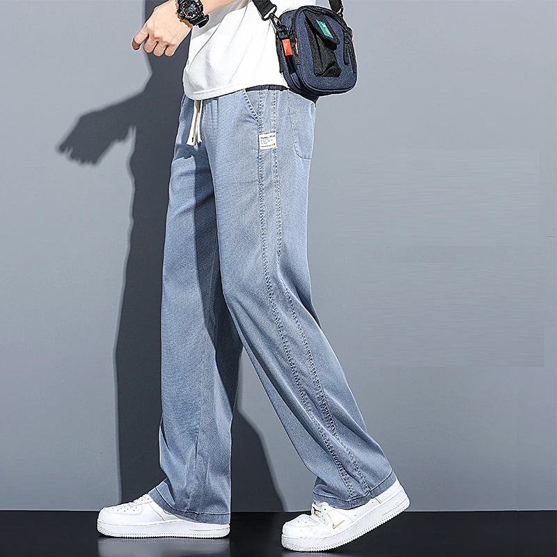 2024 Spring/Summer New Soft Lyocell Fabric Men's Jeans Thin Loose Straight Leg PantsDrawstring Elastic Waist Korean casual pants