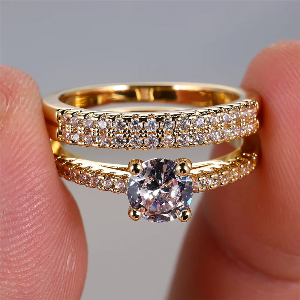 White Zircon Stacking Couple Ring Set 2pcs Female Round Gold Color Bridal Rings For Women Wedding Bands Party Jewelry CZ