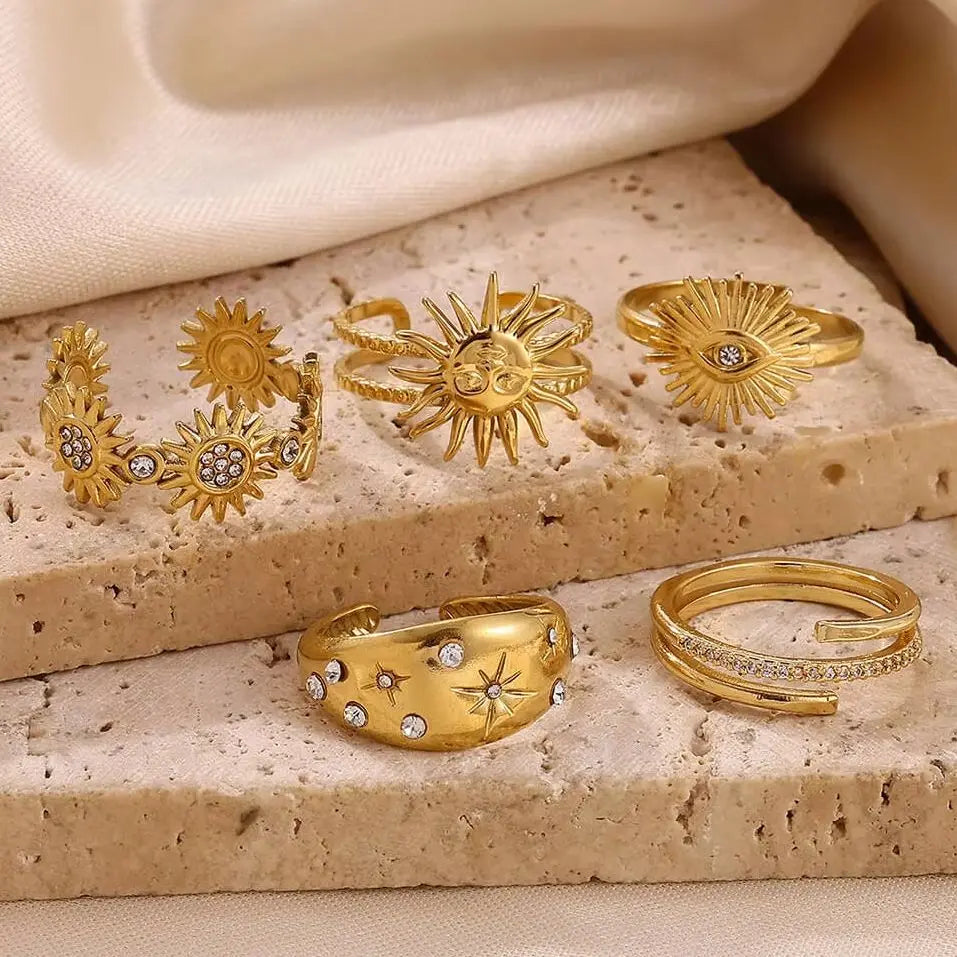 خواتم صغيرة من الزركون من الفولاذ المقاوم للصدأ للنساء، خاتم ذهبي اللون رائع بتصميم الشمس، طبقتين، إكسسوار بانك هيب هوب، هدية مجوهرات