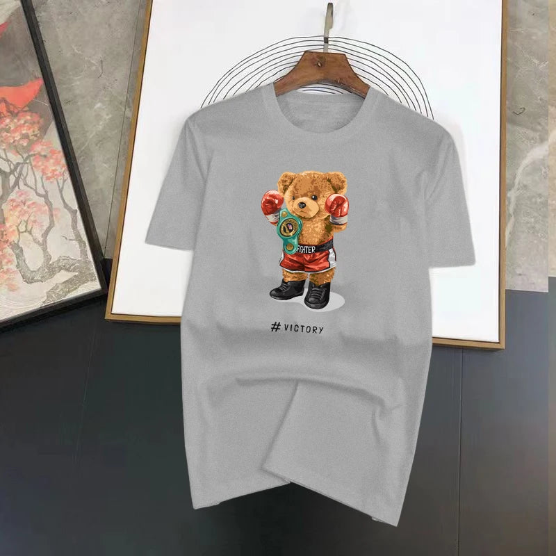 تي شيرت صيفي فاخر مطبوع عليه صورة دب للرجال والنساء بأكمام قصيرة، تي شيرت كاجوال عصري بألوان سادة، مطبوع عليه رسومات جرافيكية، ملابس