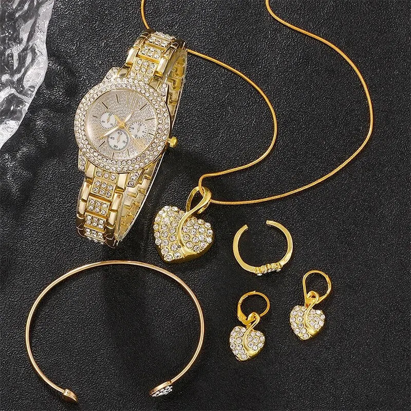 Women's Quartz Watch Gold Luxury Women Ring Necklace Earring Rhinestone Fashion Wristwatch Casual Ladies Watches Jewelry