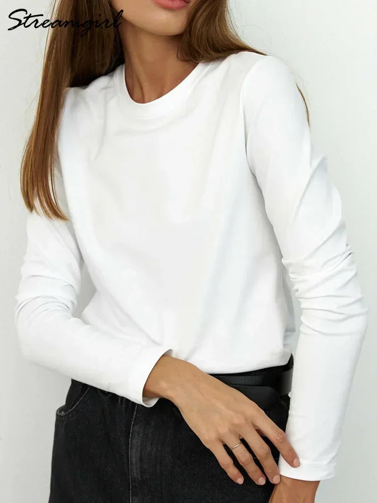 تي شيرت ستريم جيرل بأكمام طويلة للنساء مصنوع من القطن بنسبة 100%، تي شيرتات أساسية سادة برقبة دائرية، تي شيرتات فضفاضة كاجوال، تي شيرتات بيضاء للسيدات 2024