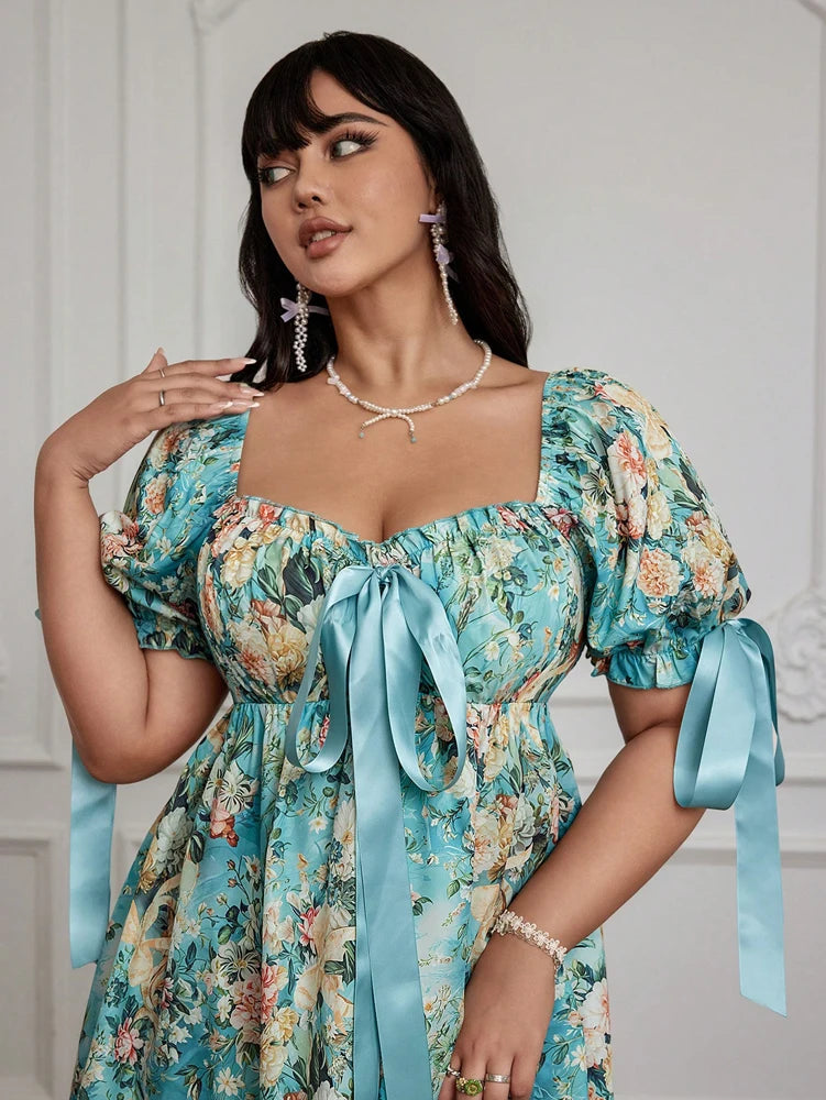 Plus Size Ladies Romantic Teenager Romantic Floral Pattern Short Sleeve Square Neck Dress Elegant Chinese Ladies