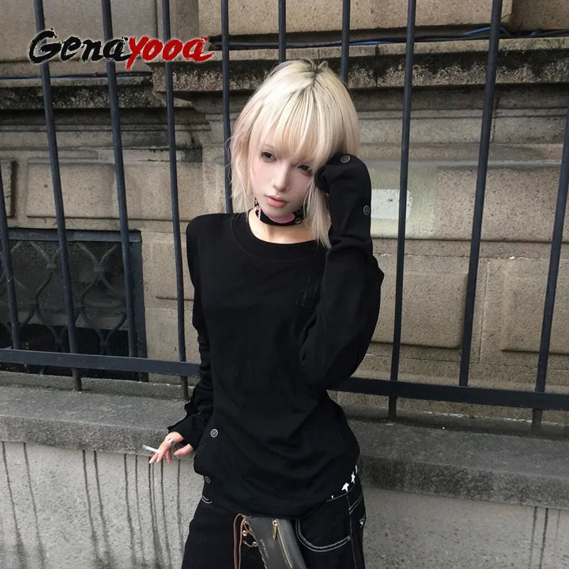 تي شيرت نسائي من Genayooa Gothic Vintage بأكمام طويلة وأزرار Y2K Retro Black Grunge Tops Streetwear 2000s Print Tshirts Autumn