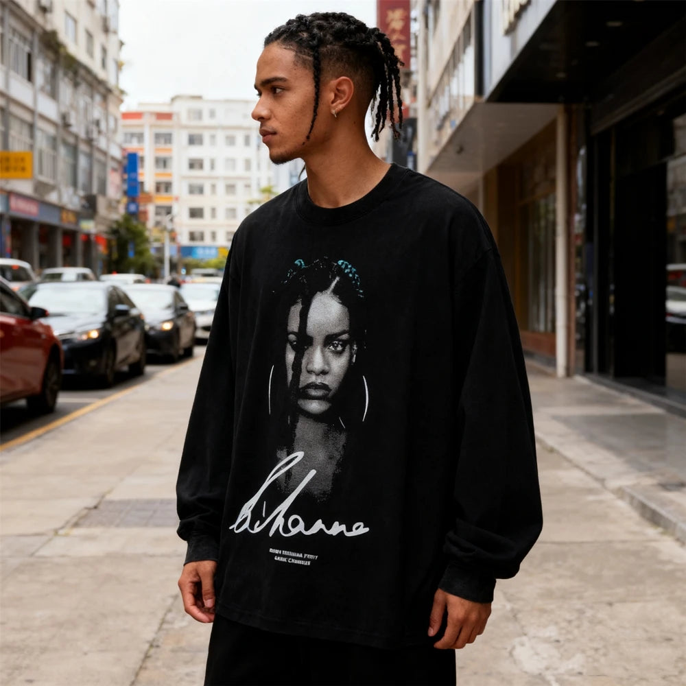 تي شيرت KUCLUT RIHANNA Fashion بأفضل جودة مطبوع عليه وجه كبير بأكمام طويلة ومقاس كبير فضفاض 100% قطن تي شيرت عتيق للرجال والنساء