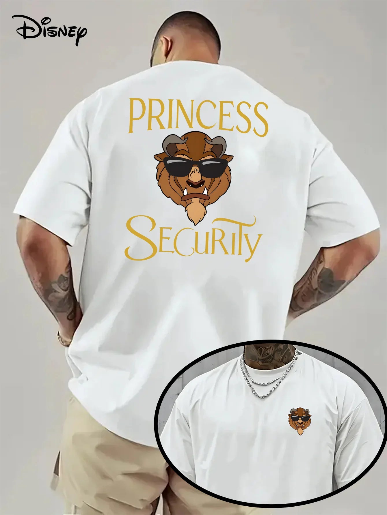 تيشيرت رجالي بنقشة ديزني الجميلة والوحش، مناسب للارتداء اليومي والأنشطة الترفيهية، مصنوع من القطن، بأكمام قصيرة وقصة واسعة.