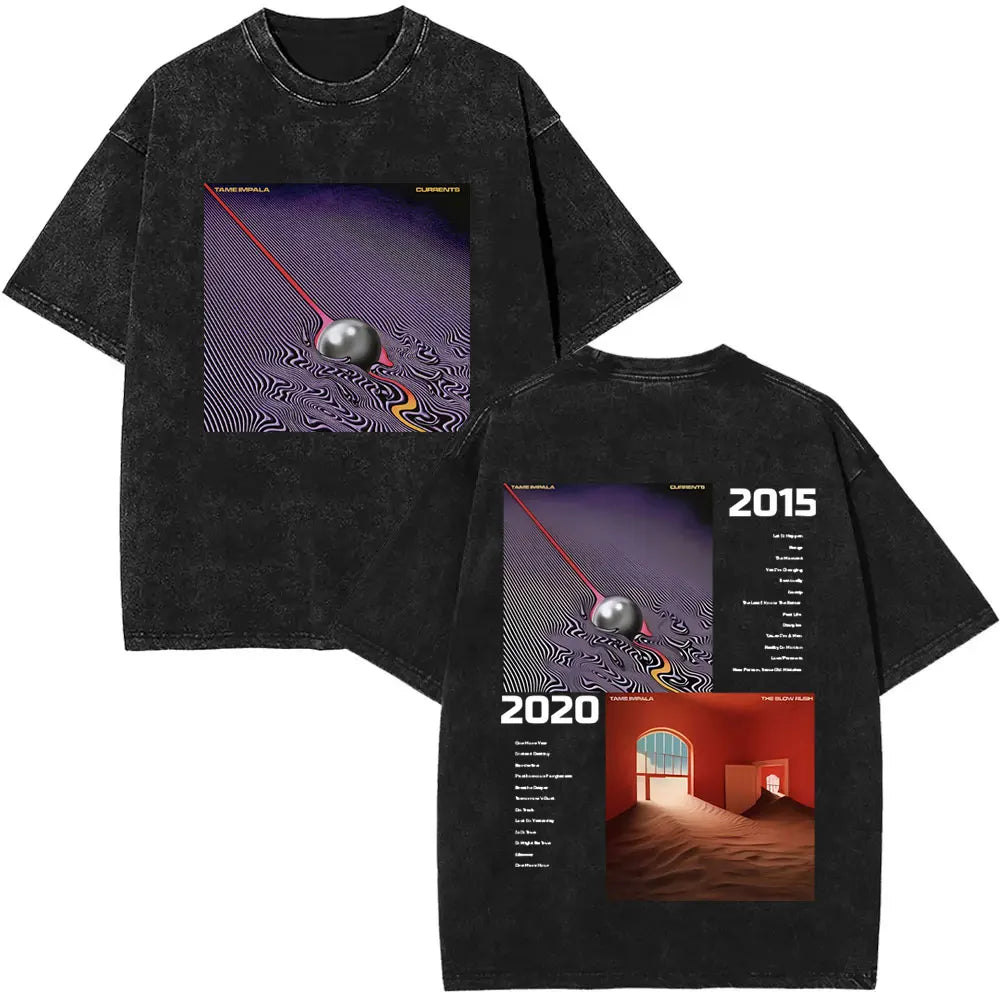 تي شيرت رجالي كاجوال فضفاض بأكمام قصيرة من القطن مطبوع عليه عبارة VintageWashed Pop Rock Band Tames Impala Current Graphic Print