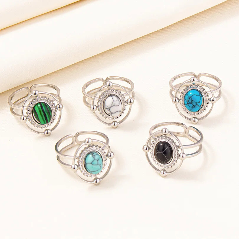 1/5 قطع من الخواتم المفتوحة غير المنتظمة والسميكة المصنوعة من الفولاذ المقاوم للصدأ والمزينة بأحجار صناعية متنوعة، بتصميم هندسي عتيق مميز، مجوهرات نسائية