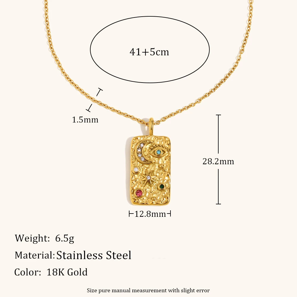 La. Muses Colored Cubic Zirconia Star Moon Texture Pendant Stainless Steel Retro Luxury Necklace Waterproof Jewelry Gift