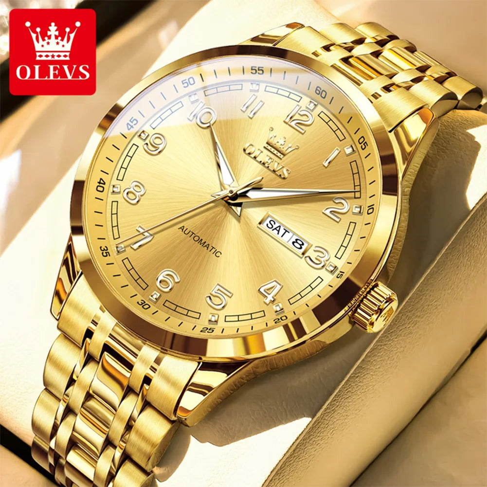 ساعة OLEVS الفاخرة للرجال، ساعات يد ميكانيكية أوتوماتيكية كلاسيكية للرجال، مقاومة للماء، مينا رمادية، علامة تجارية فاخرة، تاريخ الأسبوع 7077
