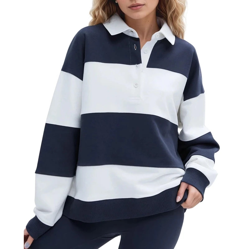 سويت شيرت نسائي واسع بأكمام طويلة وياقة وأزرار وخطوط بألوان متباينة وقمصان فضفاضة بتصميم Y2K وقمصان رغبي أنيقة